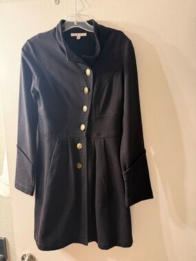 CAbi Black Long-Sleeve Button Front Coat with Gold Buttons
